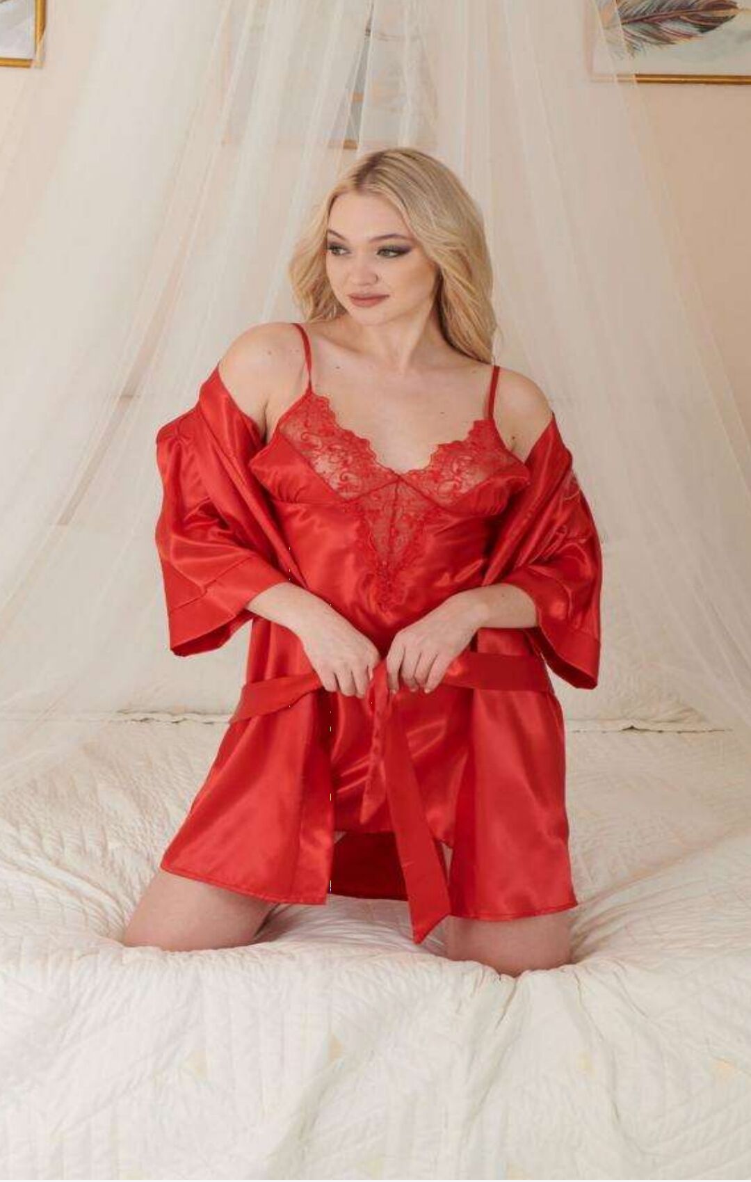 VİSATİN 3004 BAYAN 3 LÜ SATEN GECELİK KIRMIZI - XL