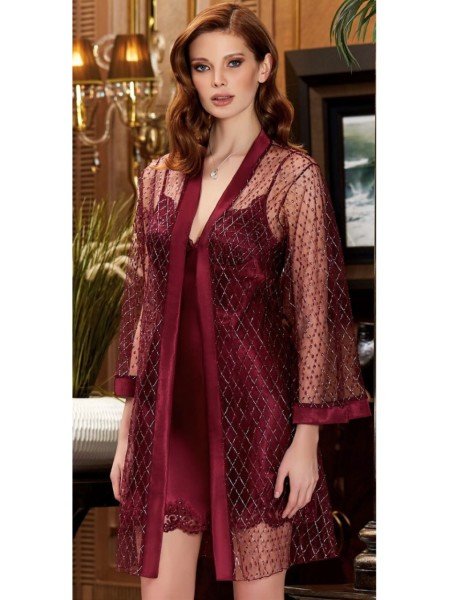 JEREMİ 3040 BAYAN 2 Lİ KISA GECELİK BORDO - XL