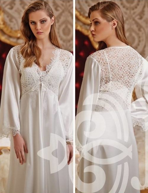 Jeremi 2538 Saten Dantelli Gecelik Sabahlık Takımı KREM - M