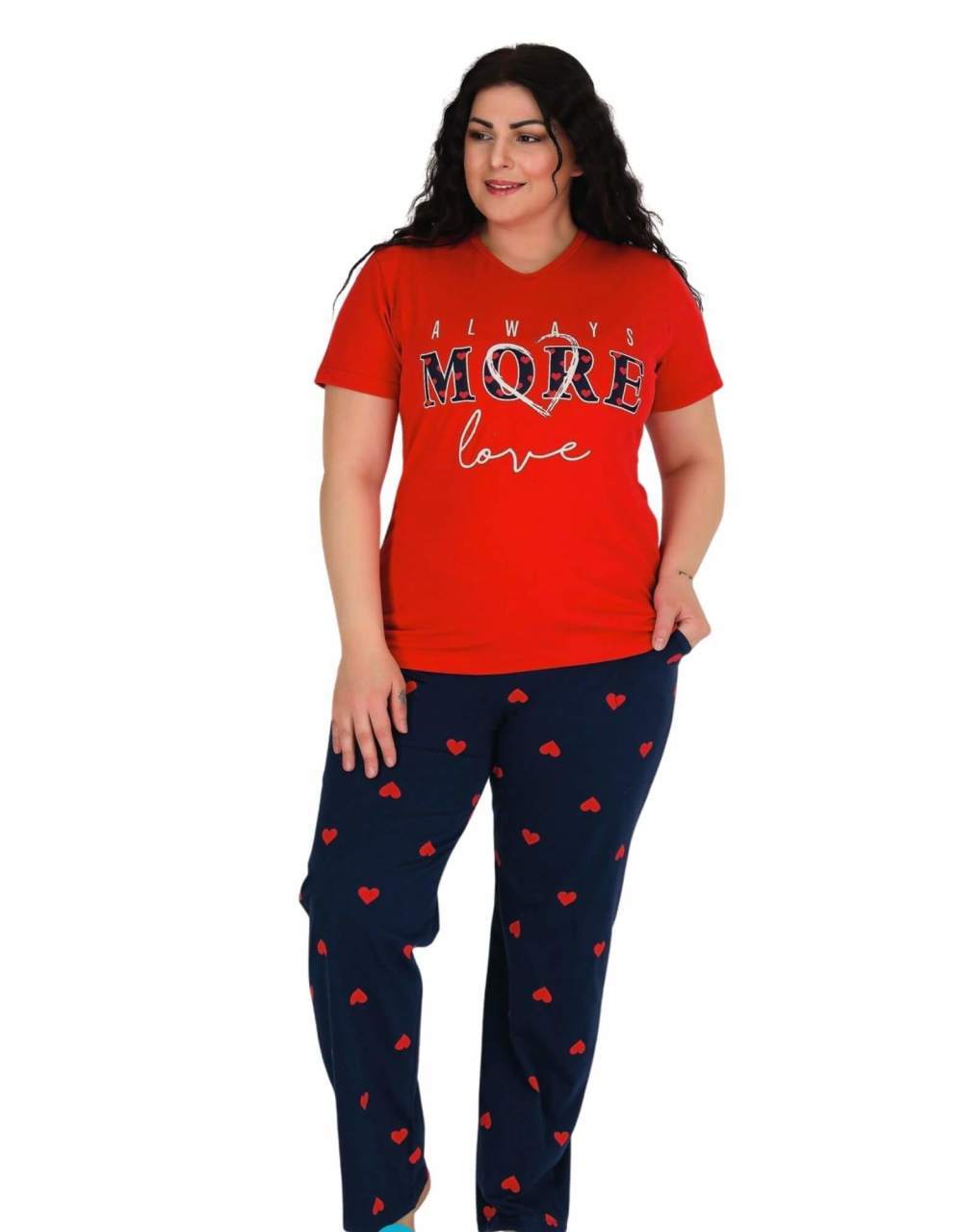BERLAND 3338 BAYAN BATTAL KISA KOL PİJAMA TAKIM KIRMIZI - 2XL